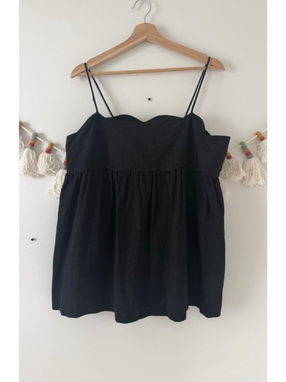 Free People Sweet Scallop Cami Babydoll Top Black Coquette Feminine Milkmaid L